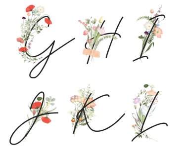 Çiçekli G-L harfleri, kır çiçekleri ve çayır bitkileri, beyaz arka planda izole edilmiş illüstrasyon, düğün monogramı, selamlama ve kartvizitler, logo.