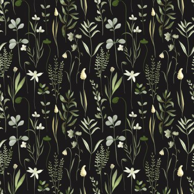 Sulu boya ormanlarının kusursuz deseni yeşillik ve çimenler, koyu arkaplanda resimler.