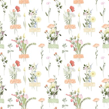 Viski, yaz bitkisi ve beyaz arka planda resimlerin olduğu kusursuz suluboya çiçek desenleri.