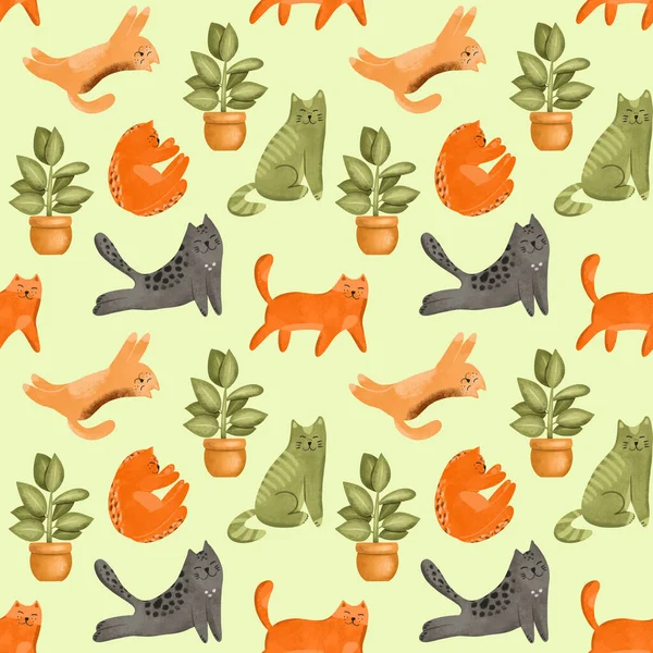Padrão Sem Costura Gatos Coloridos Engraçados Plantas Casa Ilustração Desenhada — Fotografia de Stock