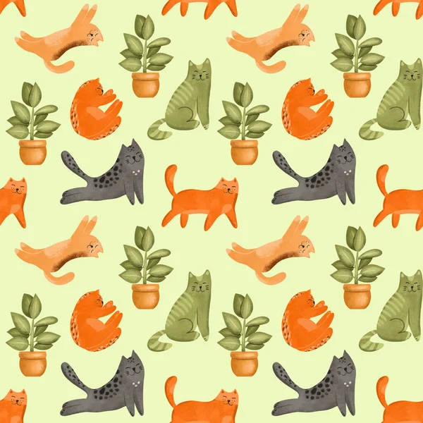 Seamless pattern of funny colorful cats and home plants, hand drawn illustration on green background