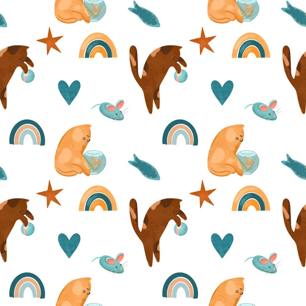 Seamless pattern of funny cats playing with their toys, hand drawn illustration on white background