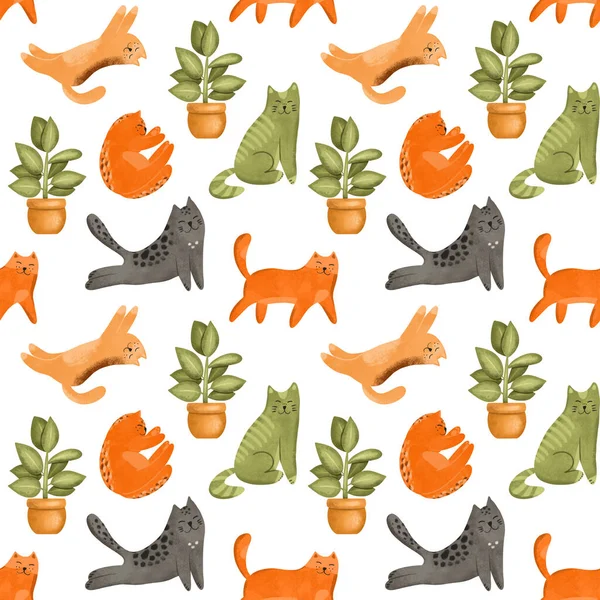 Patrón Sin Costuras Divertidos Gatos Coloridos Plantas Caseras Ilustración Dibujada — Foto de Stock