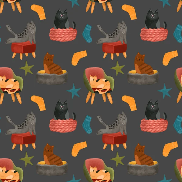 Padrão Sem Costura Gatos Pretos Gengibre Suas Camas Ilustração Desenhada — Fotografia de Stock