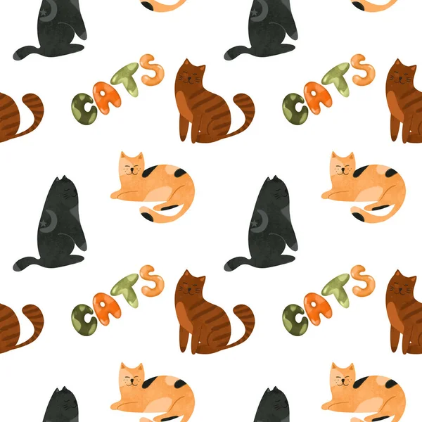 Seamless pattern of black and ginger cats, hand drawn illustration on white background