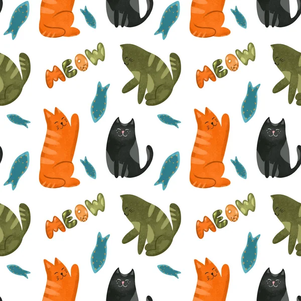 Płynny Wzór Słodkich Zabawnych Kolorowych Kotów Ryb Zabawki Ręcznie Rysowane — Zdjęcie stockowe