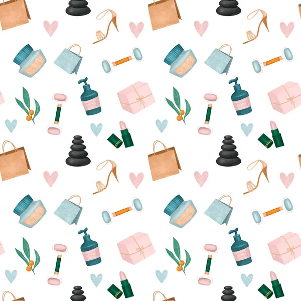 Seamless Pattern Women Things Elements Illustration White Background — 스톡 사진