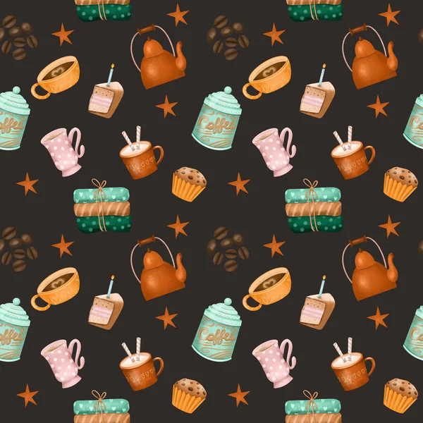 Seamless Pattern Cozy Home Elements Hobby Life Style Illustration Dark — 스톡 사진