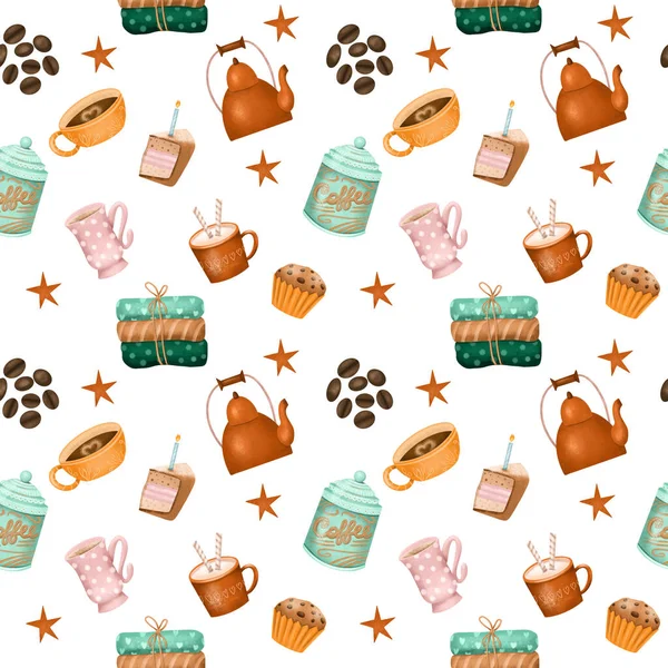 Seamless Pattern Cozy Home Elements Hobby Life Style Illustration White — 스톡 사진