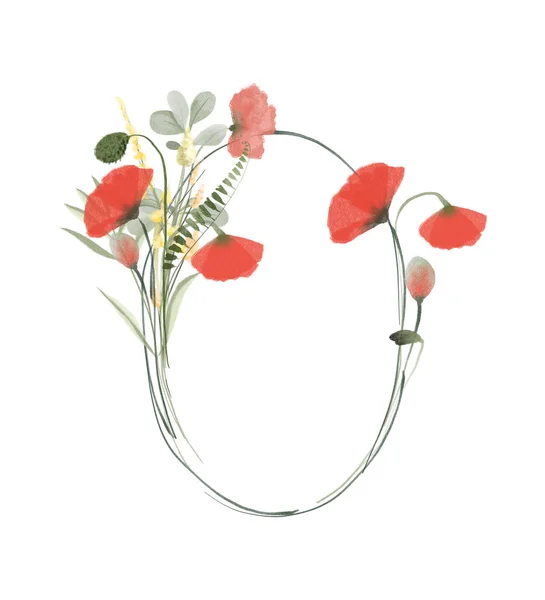 Oval Frame Watercolor Poppies Meadow Plants Illustrations White Background — Φωτογραφία Αρχείου