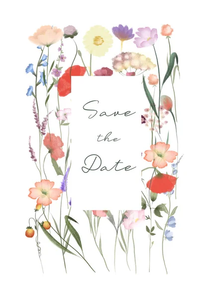 Frame Watercolor Wildflowers Illustrations White Background Date Card Template — 스톡 사진