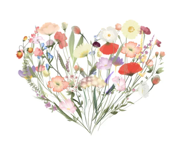 Akvarell Blommigt Hjärta Vilda Blommor Och Ängsväxter Isolerad Illustration Vit — Stockfoto