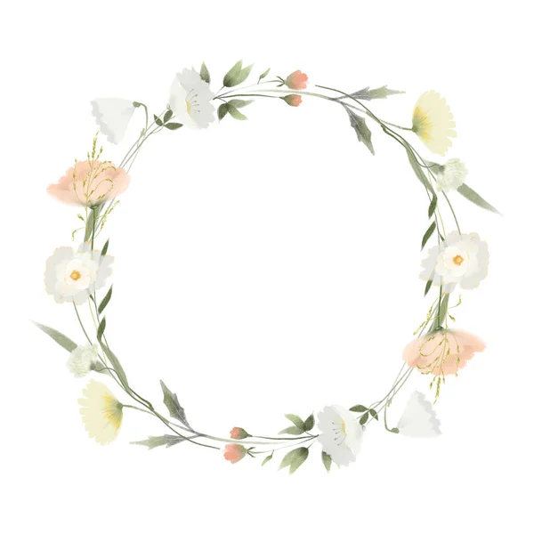 Вінок Акварельних Білих Рожевих Ніжних Диких Квітів Ілюстрації Білому Тлі — стокове фото