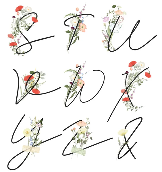 Set of floral letters S-Z with wildflowers and meadow plants, isolated illustration on white background, for wedding monogram, greeting and business cards, logo
