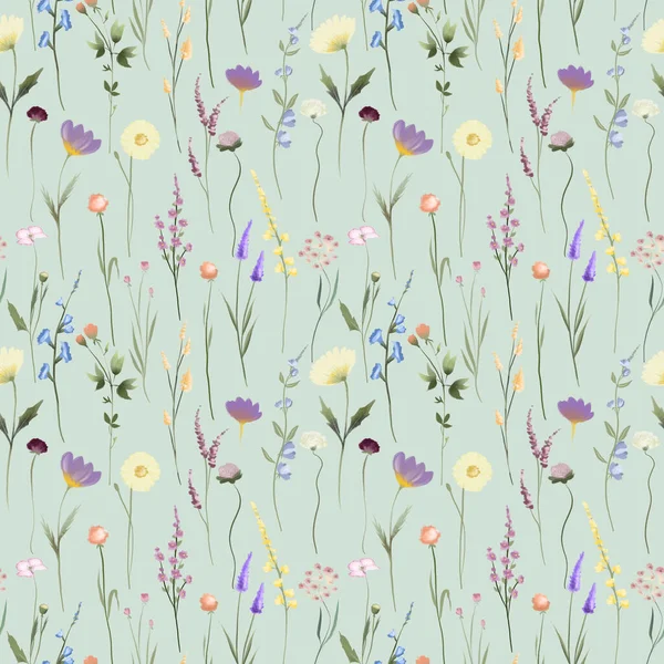 Seamless Pattern Watercolor Wildflowers Illustrations Green Background — стоковое фото