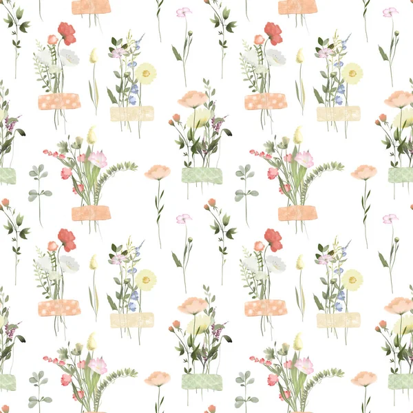 Seamless Pattern Watercolor Wildflower Bouquets Scotch Summer Herbarium Illustrations White — Stockfoto