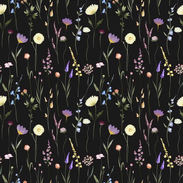 Seamless Pattern Watercolor Wildflowers Illustrations Black Background — Φωτογραφία Αρχείου