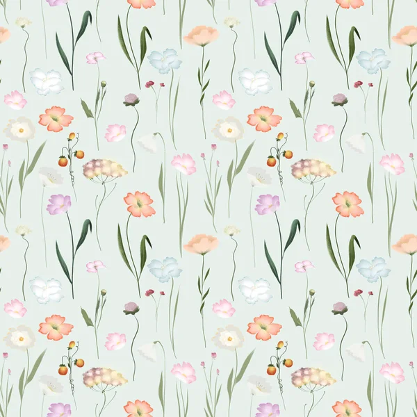 Seamless Pattern Watercolor Meadow Flowers Grasses Wildflowers Illustrations Green Background — стоковое фото