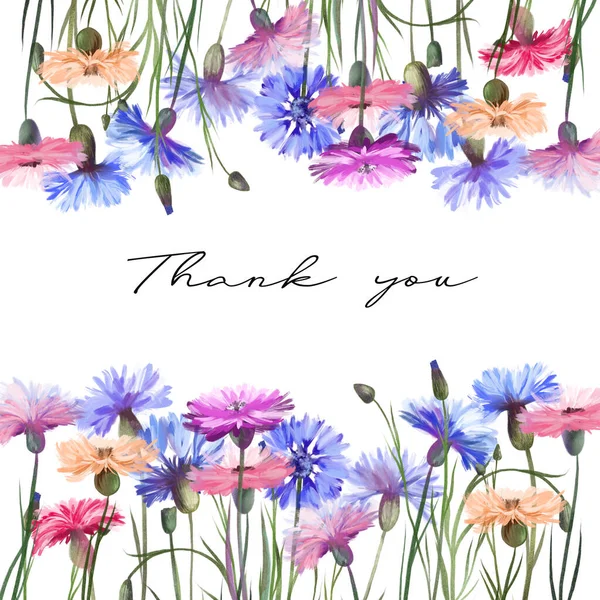 Floral Border Card Template Watercolor Blue Pink Purple Cornflowers Illustrations — Stock Photo, Image