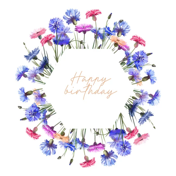 Geometric Hexagonal Frame Watercolor Colorful Cornflowers Illustrations White Background Birthday — Stockfoto