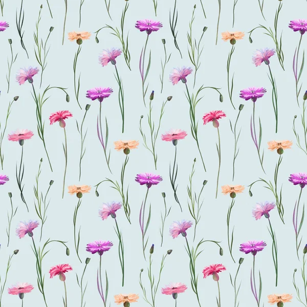 Безшовний Візерунок Акварельних Рожевих Фіолетових Квітів Ілюстрації Зеленому Тлі — стокове фото