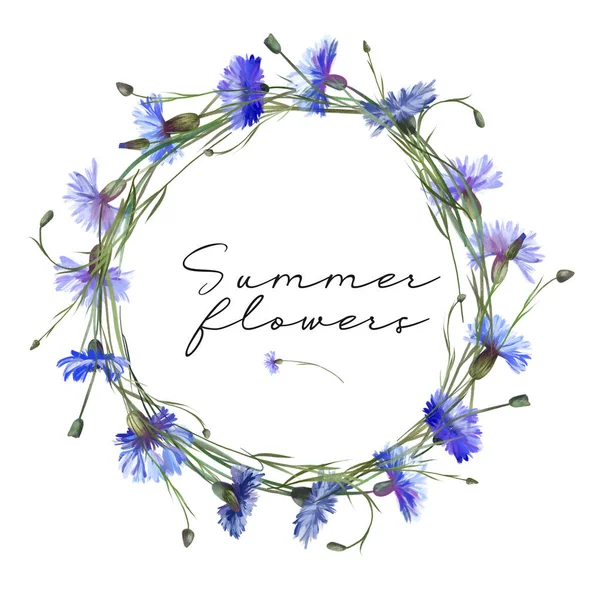 Wreath Watercolor Blue Cornflowers Illustrations White Background — Stock Photo, Image