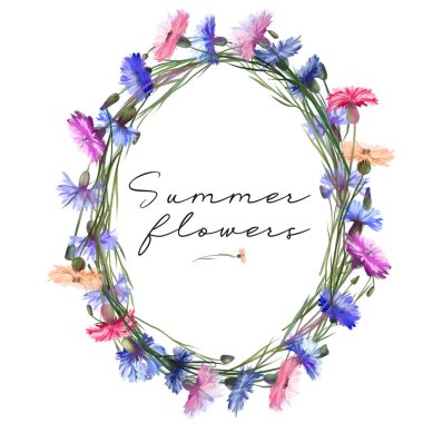 Suluboya rengarenk çiçekleri oval çelengi, beyaz arkaplanda çizimler