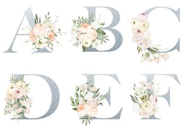 Çiçekli gümüş harfler, beyaz çiçekli A-F, beyaz arka planda izole edilmiş illüstrasyon, düğün monogramı, selamlama ve kartvizit, logo.