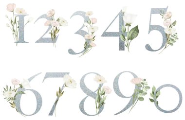 Set of floral silver numbers with white flowers, isolated illustration on white background, for wedding monogram, greeting and business cards, logo