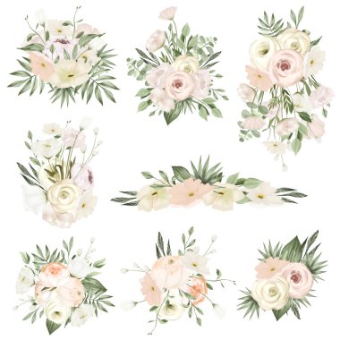 Collection of white roses and peonies bouquets, wedding floral clipart, isolated illustration on white background