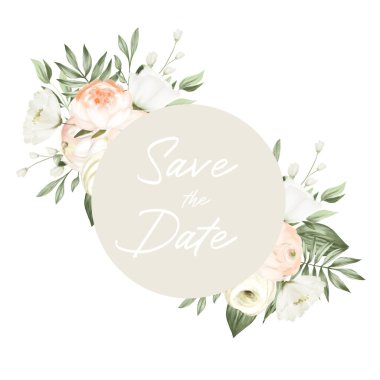 Round frame of greenery and white flowers, wedding floral card template, illustration on white background, Save the day card design