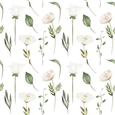 Seamless pattern of white flowers and green leaves, illustration on white background