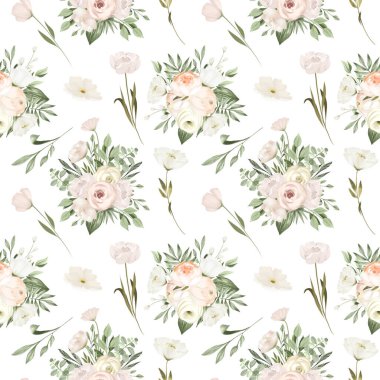 Beyaz çiçek buketlerinin kusursuz deseni, beyaz arkaplanda çizimler