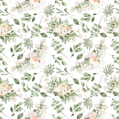 Seamless pattern of white flower bouquets and greenery, illustration on white background