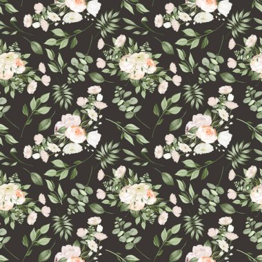 Beyaz çiçek buketlerinin ve yeşilliğin kusursuz deseni, koyu arkaplanda çizimler