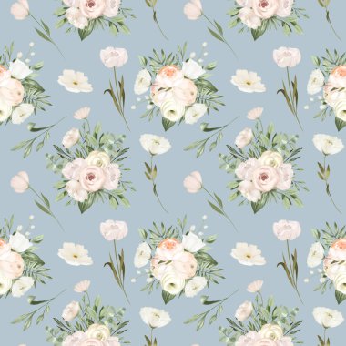 Beyaz çiçek buketlerinin kusursuz deseni, mavi arkaplanda çizimler