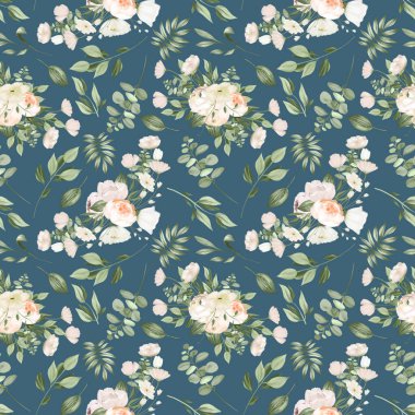 Seamless pattern of white flower bouquets and greenery, illustration on dark blue background