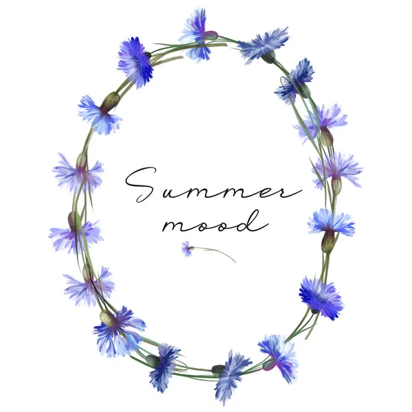 Oval Wreath Watercolor Blue Cornflowers Illustrations White Background — Stock Photo, Image