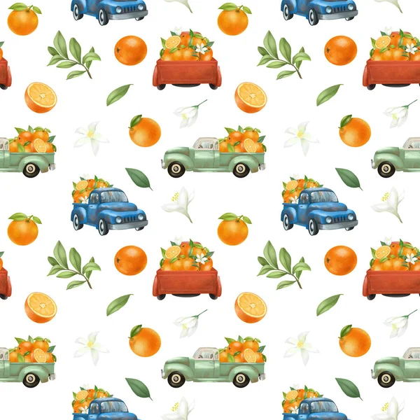 Patrón Sin Costura Camiones Viejos Acuarela Con Naranjas Ilustración Sobre — Foto de Stock
