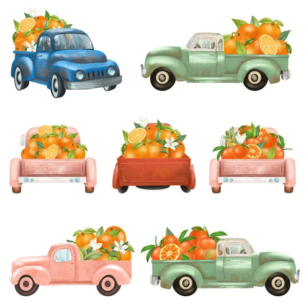 Set Watercolor Old Trucks Oranges Tangerines Isolated Illustration White Background — Stock Photo, Image