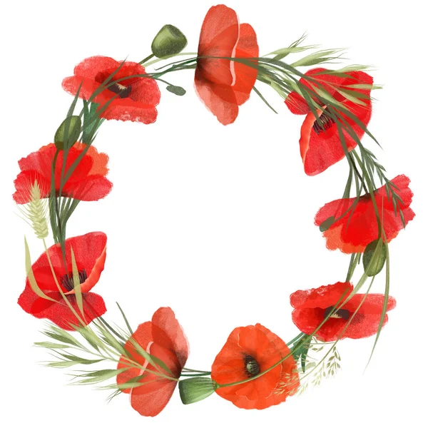 Wreath Red Poppies Meadow Plants Isolated Illustration White Background — Stockfoto