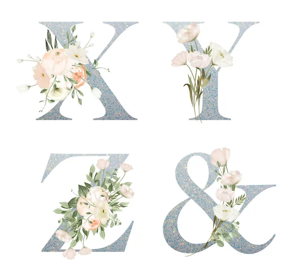 Set of floral silver letters X-Z with white flowers, isolated illustration on white background, for wedding monogram, greeting and business cards, logo