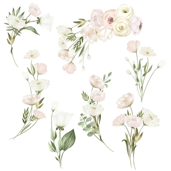 Collection White Flowers Bouquets Wedding Floral Clipart Isolated Illustration White — Stockfoto