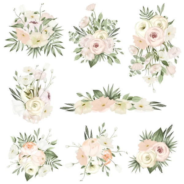 Kolekce Bílých Růží Pivoňky Kytice Svatební Květinové Kliparty Izolované Ilustrace — Stock fotografie