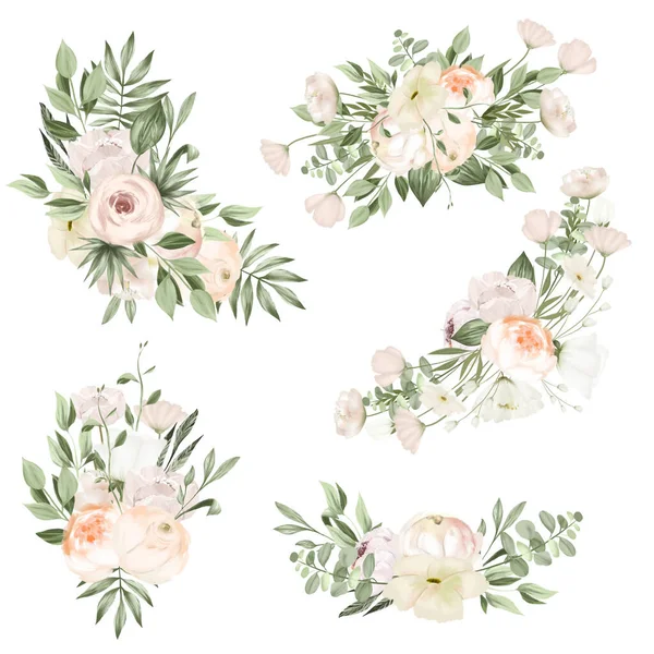 Collection White Peonies Wildflowers Bouquets Wedding Floral Clipart Isolated Illustration — Foto Stock
