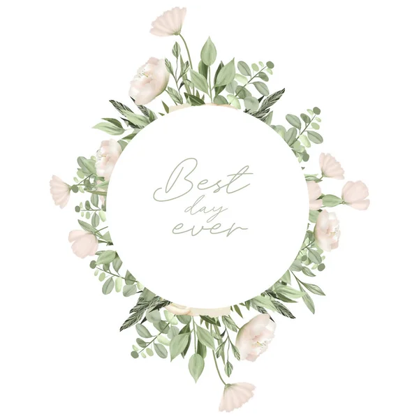 Runde Rahmen Von Grün Und Weißen Wildblumen Hochzeit Florale Karte — Stockfoto