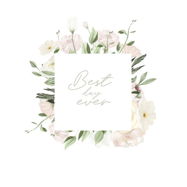 Frame Greenery White Wildflowers Wedding Floral Card Template Illustration White — Zdjęcie stockowe