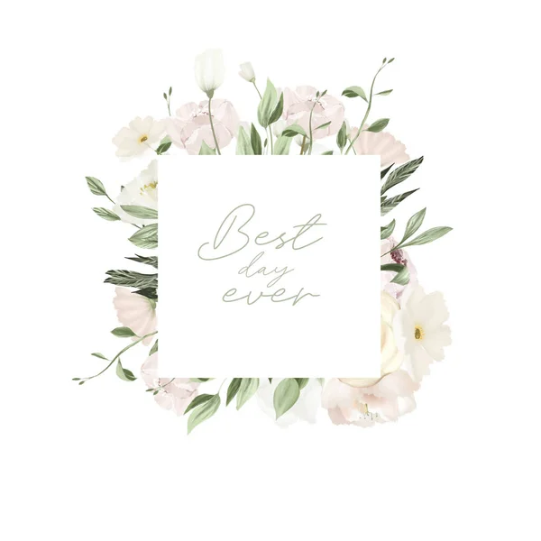 Frame Greenery White Wildflowers Wedding Floral Card Template Illustration White — Foto Stock