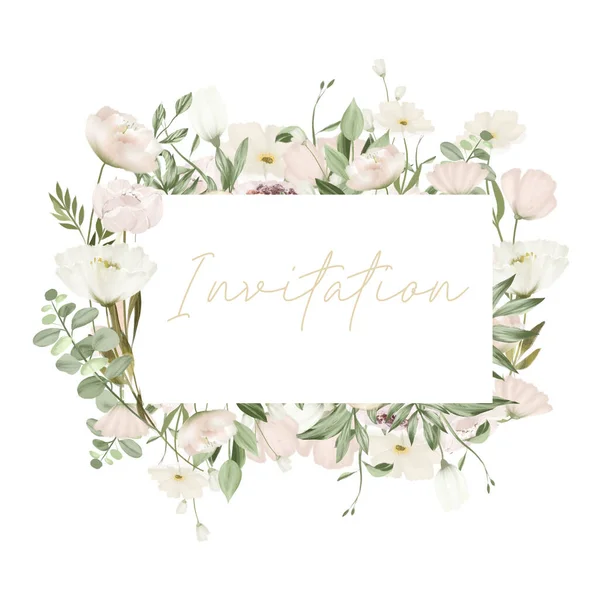 Frame Greenery White Wildflowers Wedding Floral Card Template Illustration White — Stockfoto