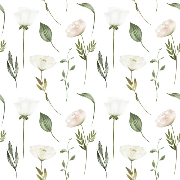 Seamless Pattern White Flowers Green Leaves Illustration White Background — Stok fotoğraf